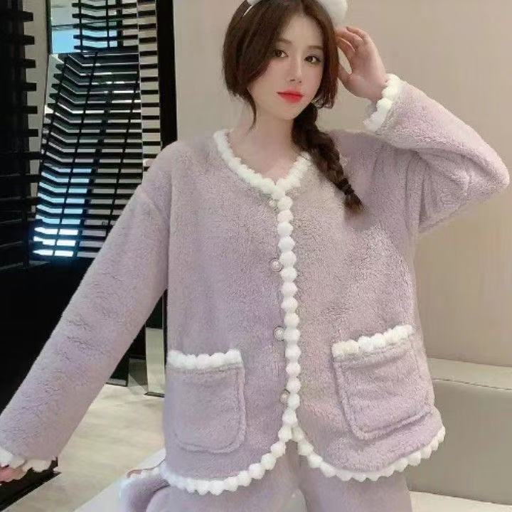 冬季新款珊瑚绒加绒长袖宽松时尚睡衣小香风家居服套装