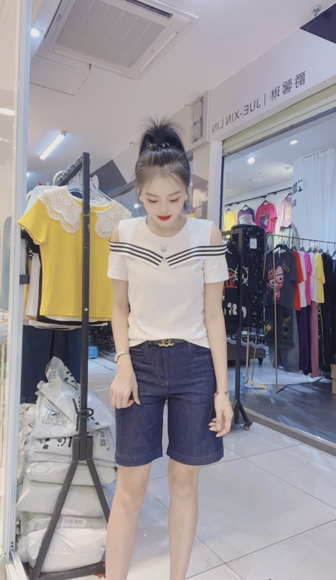 【小玉】夏季新款露肩条纹百搭圆领显瘦减龄女士上衣