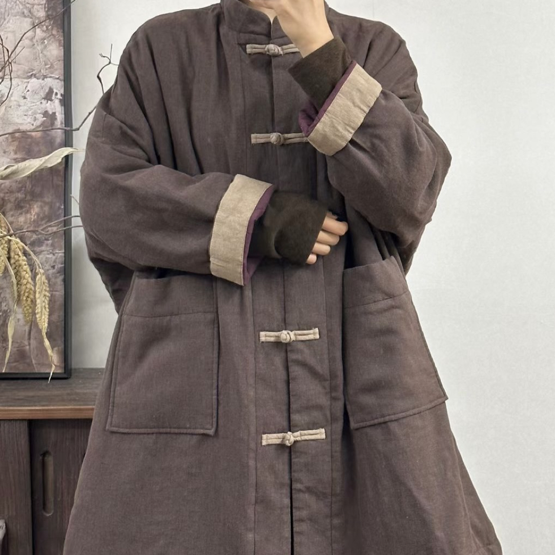 原创中式亚麻对襟盘扣中长款棉服衣长94胸围160