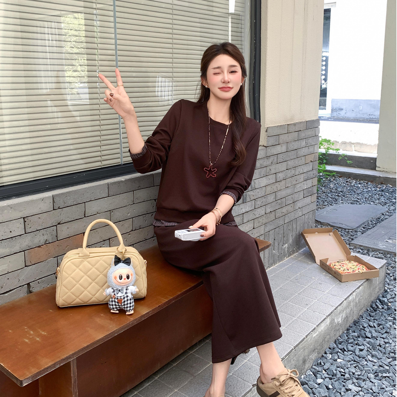 2522休闲格子拼接上衣半裙套装两件套