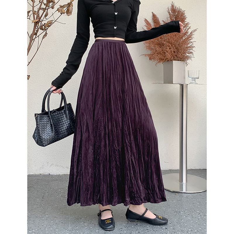 韩版静奢风丝绒烫钻乱折半身裙2025秋冬新款高腰显瘦遮肉百搭长裙