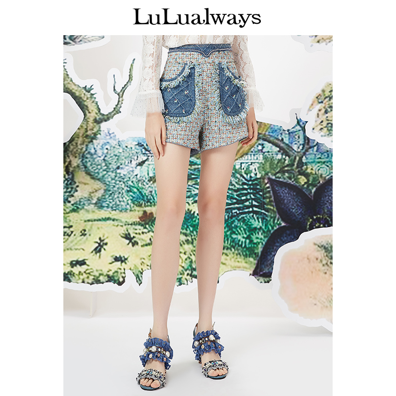LULUALWAYS春秋新款时尚别致拼接牛仔小香风高腰短裤LMA3006