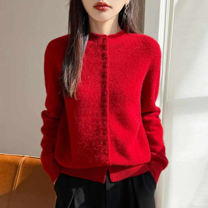 气质圣诞款~ 复古卷边 半高领单排扣100%纯羊毛衫宽松百搭毛衣
