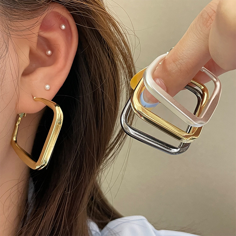 合金耳饰 4cm 5.5cm方形耳环女简约时尚新款耳饰品小众设计感耳圈