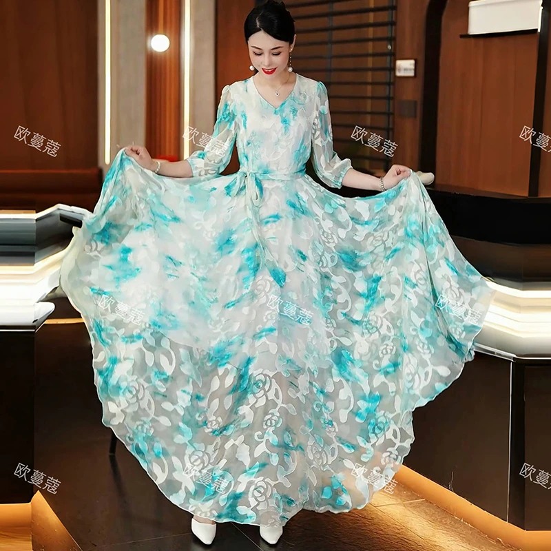 2025夏季江山青常规长裙高腰套头大摆连衣裙印花海妖风流苏优雅