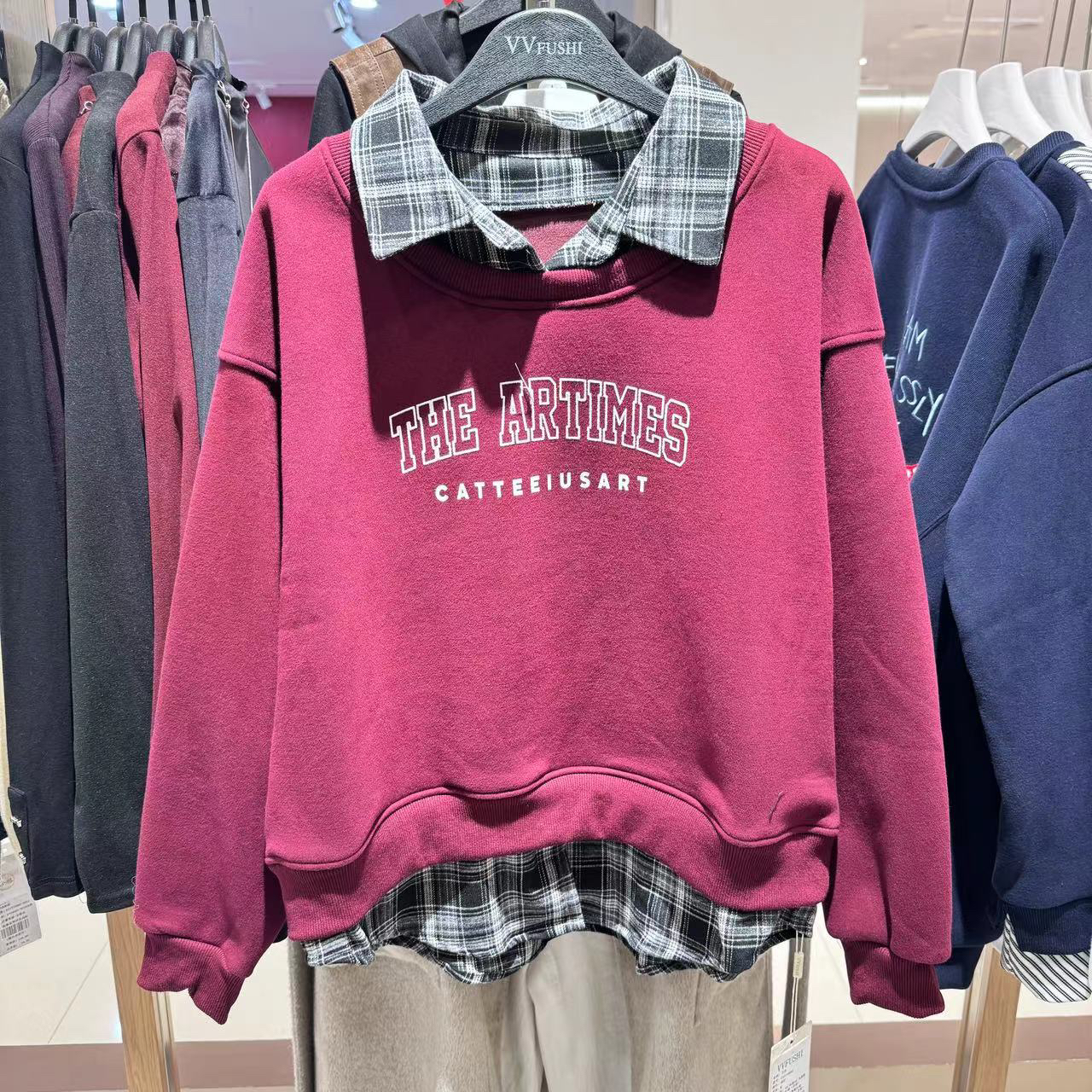 【VV FUSHI】25118063慵懒风中长款拼接秋季卫衣百搭女士秋冬