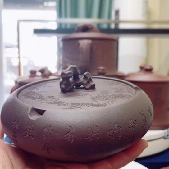 紫砂茶杯老紫泥刻绘烟缸