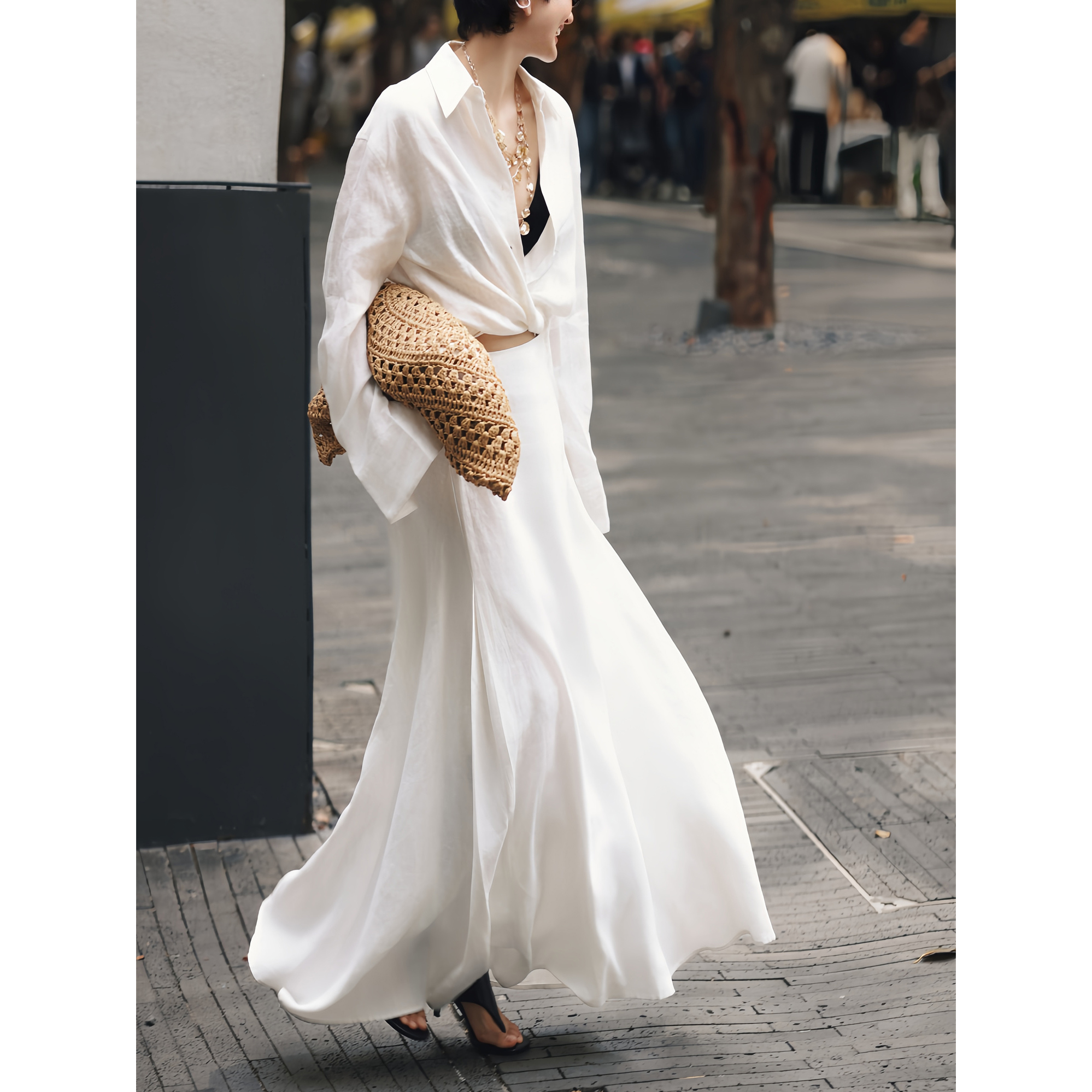 ZEROYK白色时尚套装女2025夏季新款老钱风亚麻衬衫外套半裙两件套