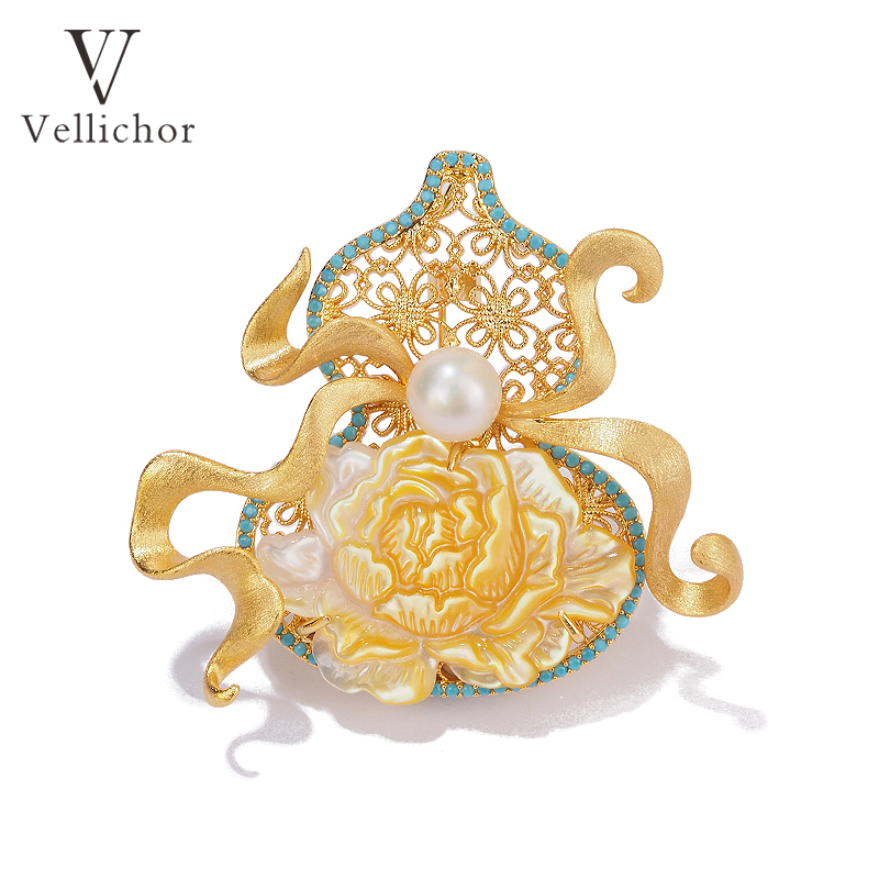 铜合金胸针 【国色天香】古法雕刻葫芦牡丹花胸针女装饰别针