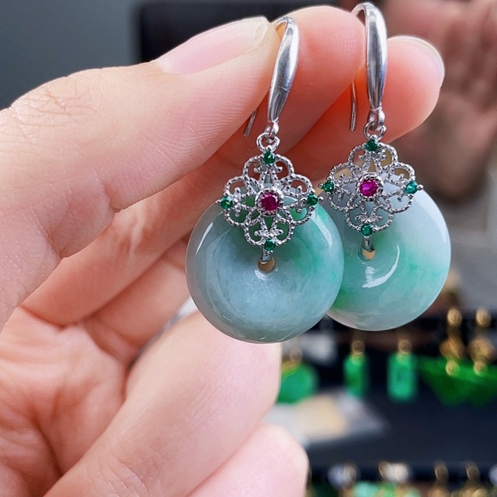 翡翠耳饰银S925镶嵌饰品