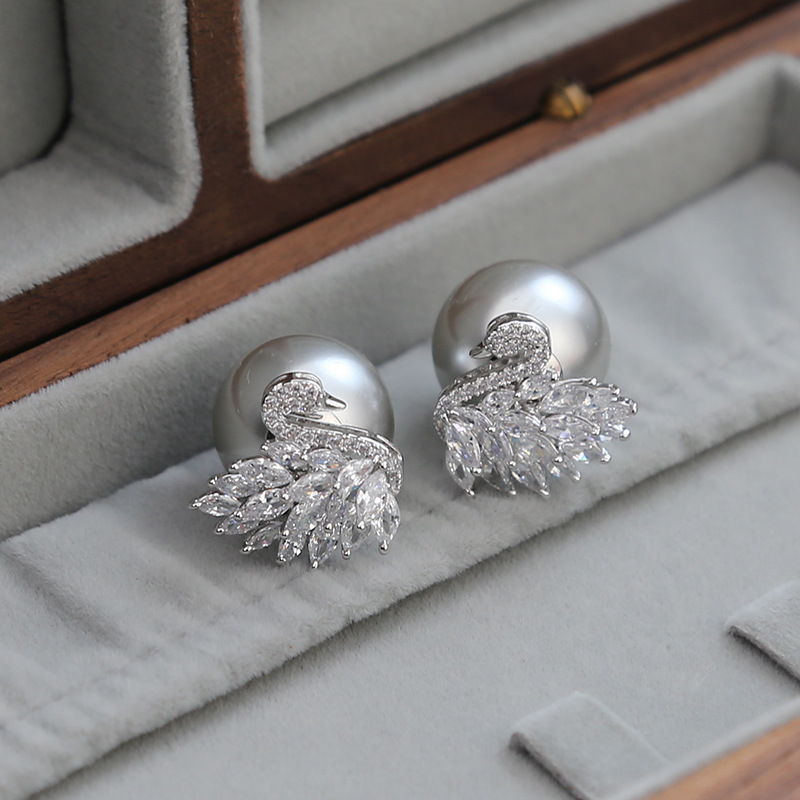 925银耳饰 214号天鹅满钻锆石耳钉轻奢高级感耳饰新款S925银针