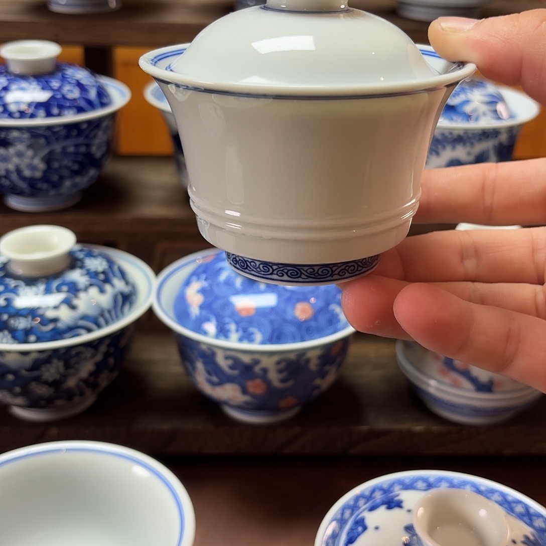 景德镇纯手工手绘马蹄盖碗