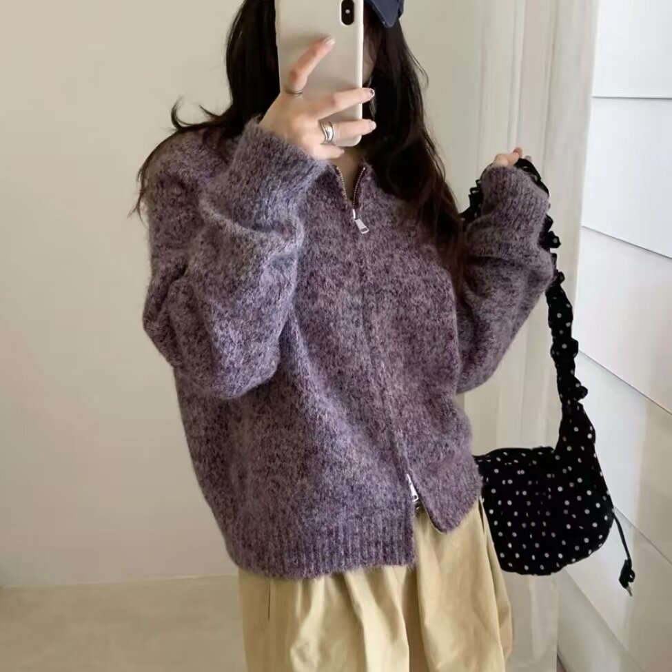 韩系混纱软糯拉链针织开衫女2025秋冬新款宽松显瘦时尚毛衣外套潮