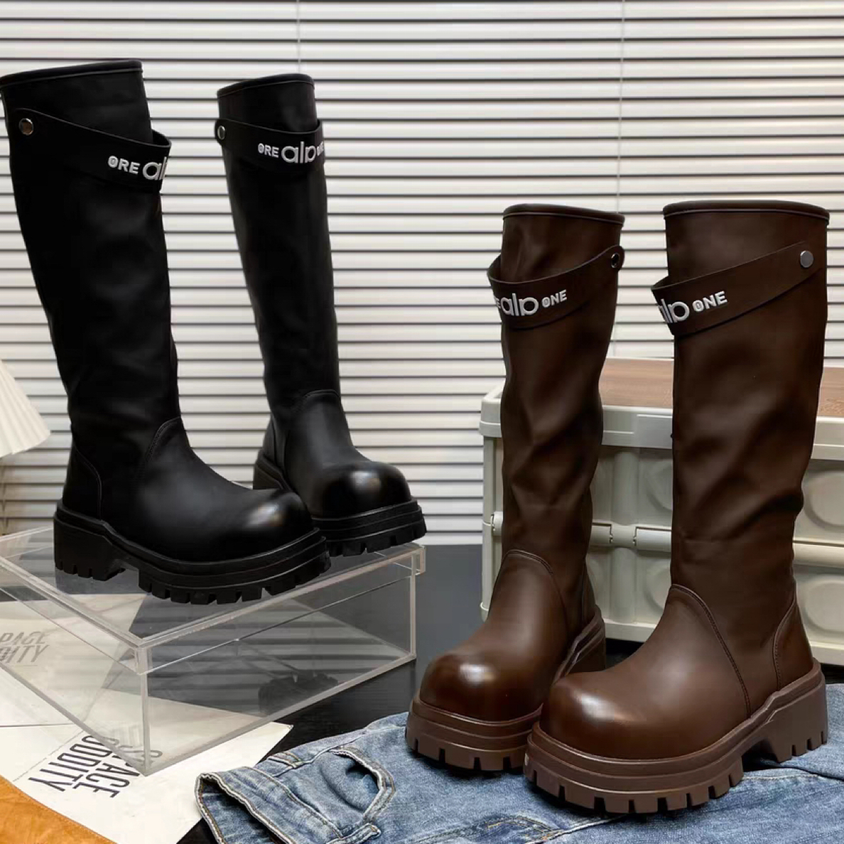 新款时尚百搭厚底大头高筒显瘦女靴加薄绒英伦