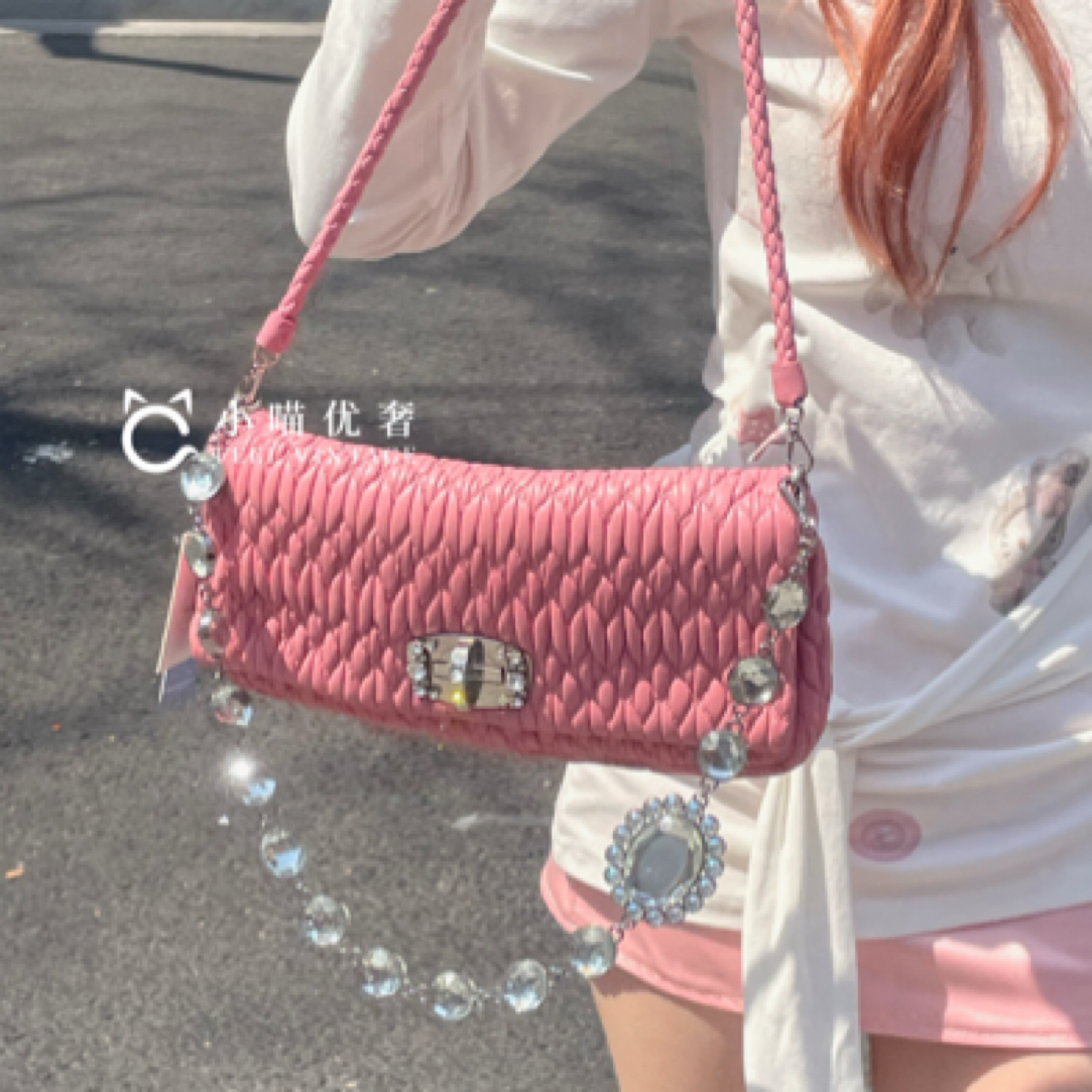 95新 MIU MIU/缪缪 樱花粉色褶皱羊皮宝石包云朵包腋下包28/15/3