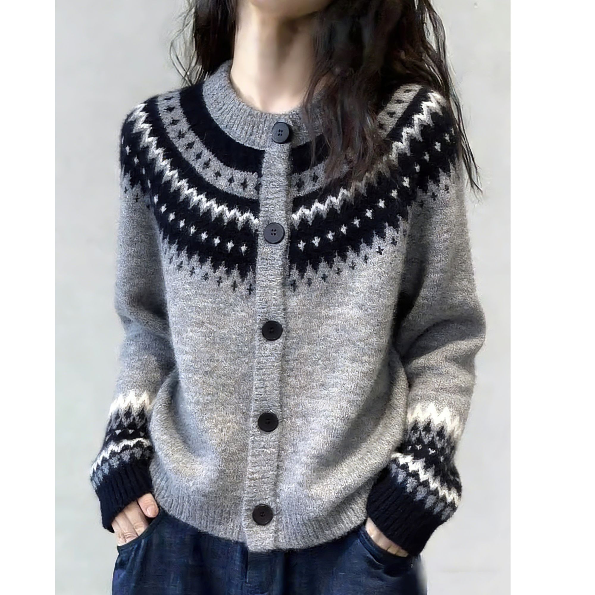 费尔岛风提花减龄毛衣开衫女复古圆领宽松百搭长袖单排扣针织衫