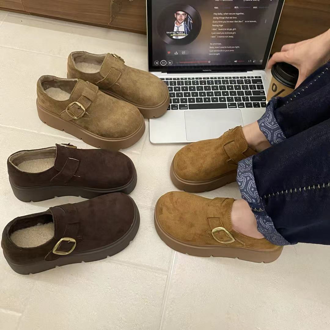 厚底加绒勃肯鞋女2025秋冬新款一脚蹬乐福鞋增高棉鞋7718