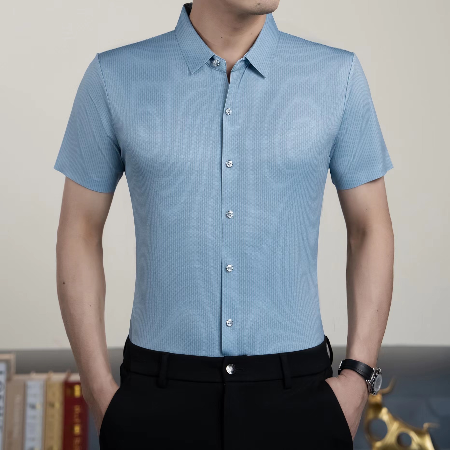 8606冰丝竹节纹衬衫短袖中年男士商务休闲时尚薄款无痕职业衬衣