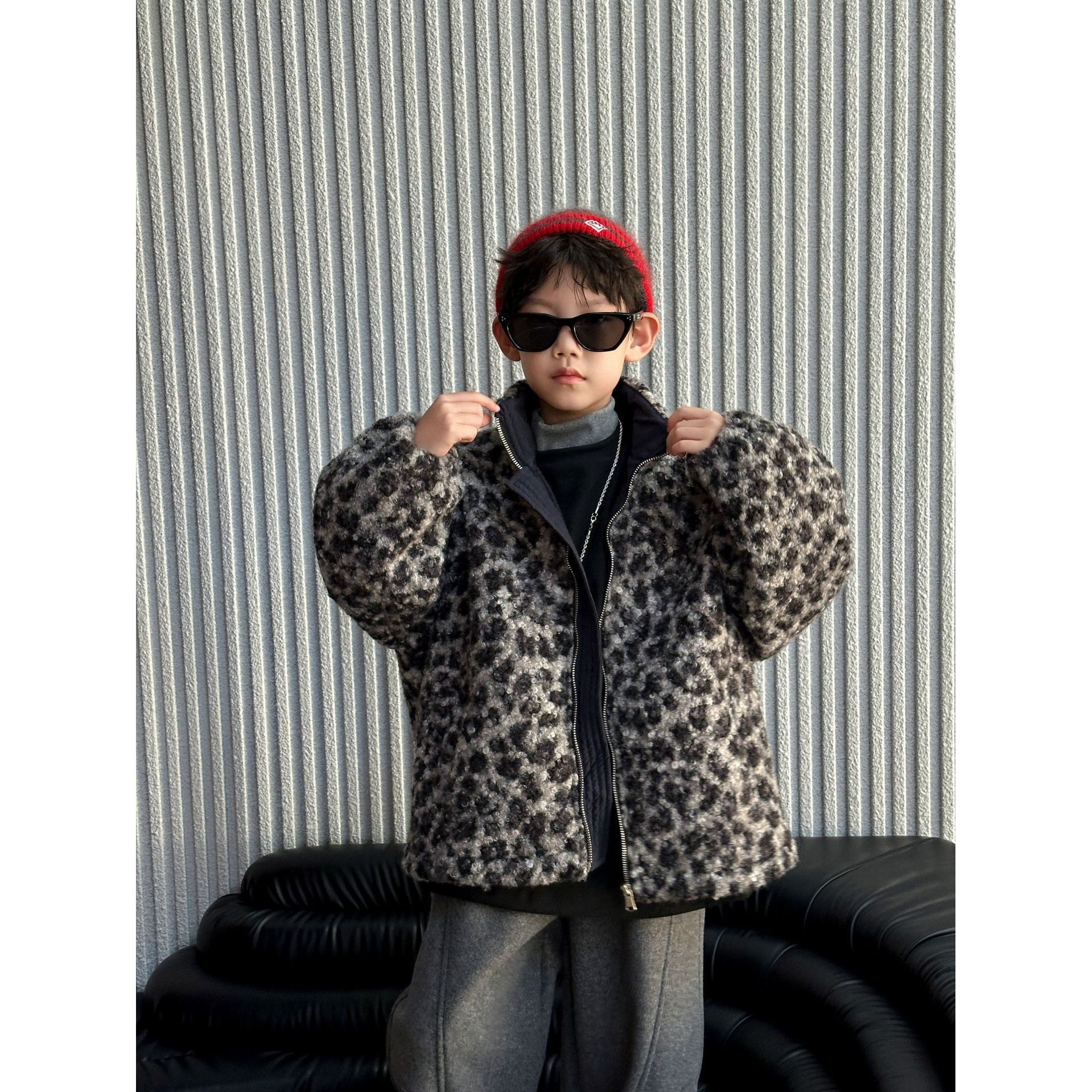 涵芽男童冬款毛毛衣外套2025秋冬季儿童豹纹保暖棉服HY25476