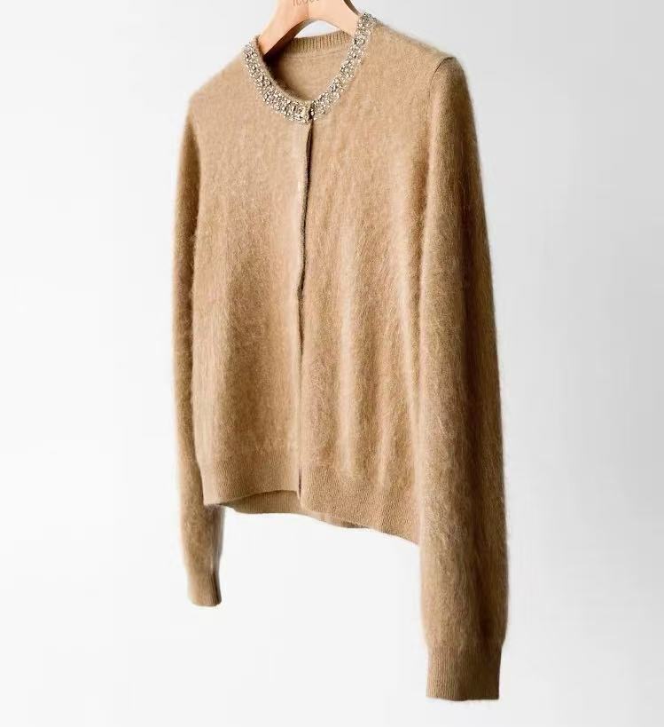 【钉珠开衫】100%纯山羊绒圆领钉珠拉绒针织开衫女上衣