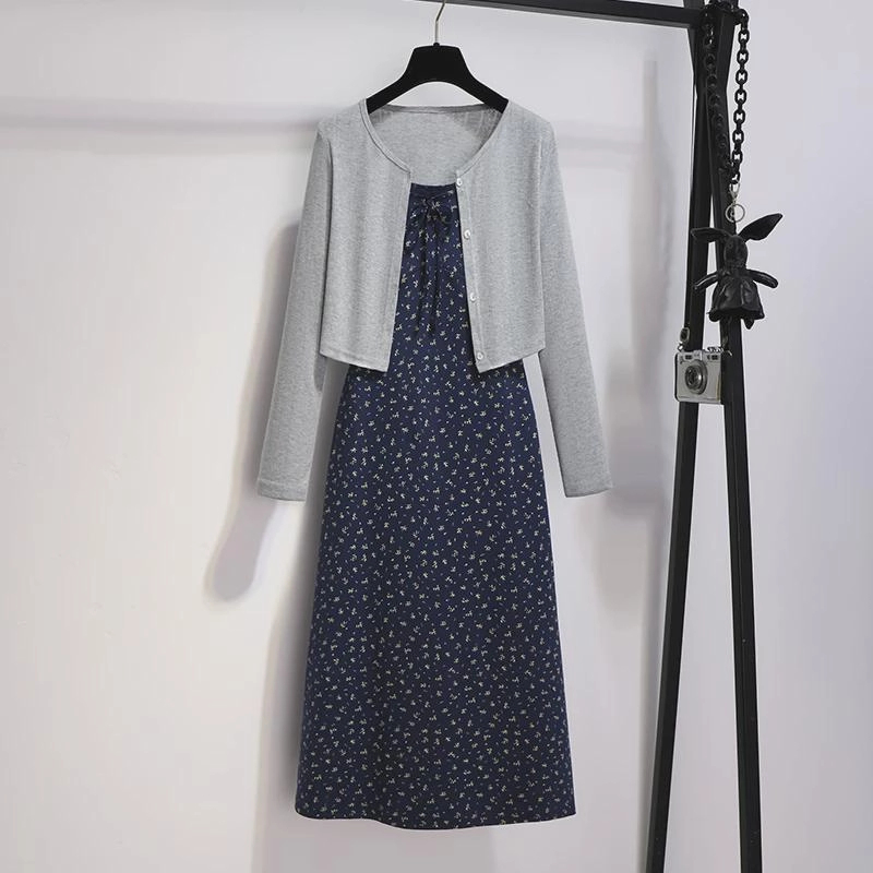 初春女装针织开衫碎花吊带裙两件套连衣裙2025新款春季洋气时尚
