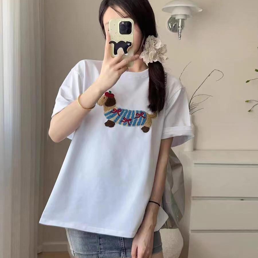 【毛绒刺绣】230克精梳纯棉腊肠狗短袖女夏季设计感显瘦百搭24118