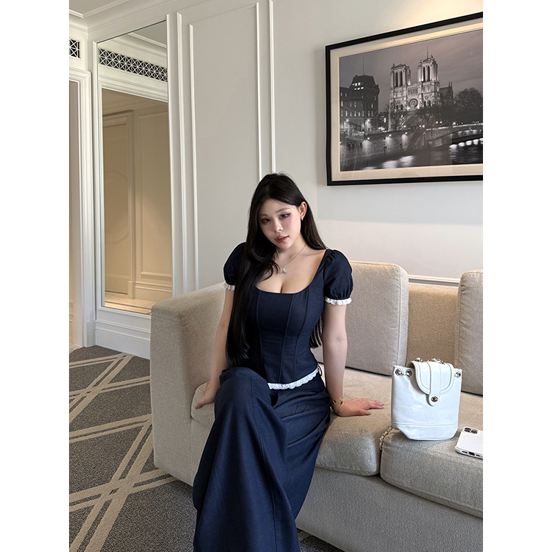 黑泽玄七“蓝布鲁斯科"早秋仿牛仔套装女微胖收腰显瘦上衣休闲裤