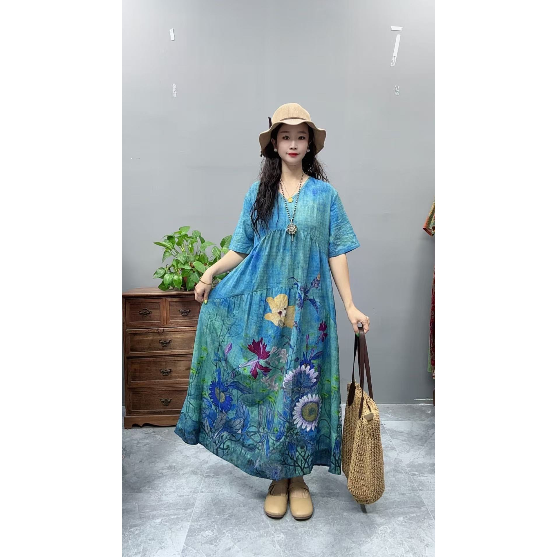 5059夏季新款显瘦气质时尚女百搭休闲文艺复古印花洋气宽松连衣裙