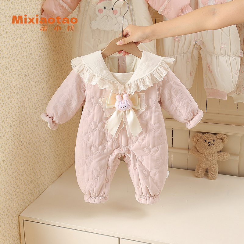 冬款翻领甜心小兔薄棉新款连体衣幼儿宝宝哈衣新生儿衣服童装可爱
