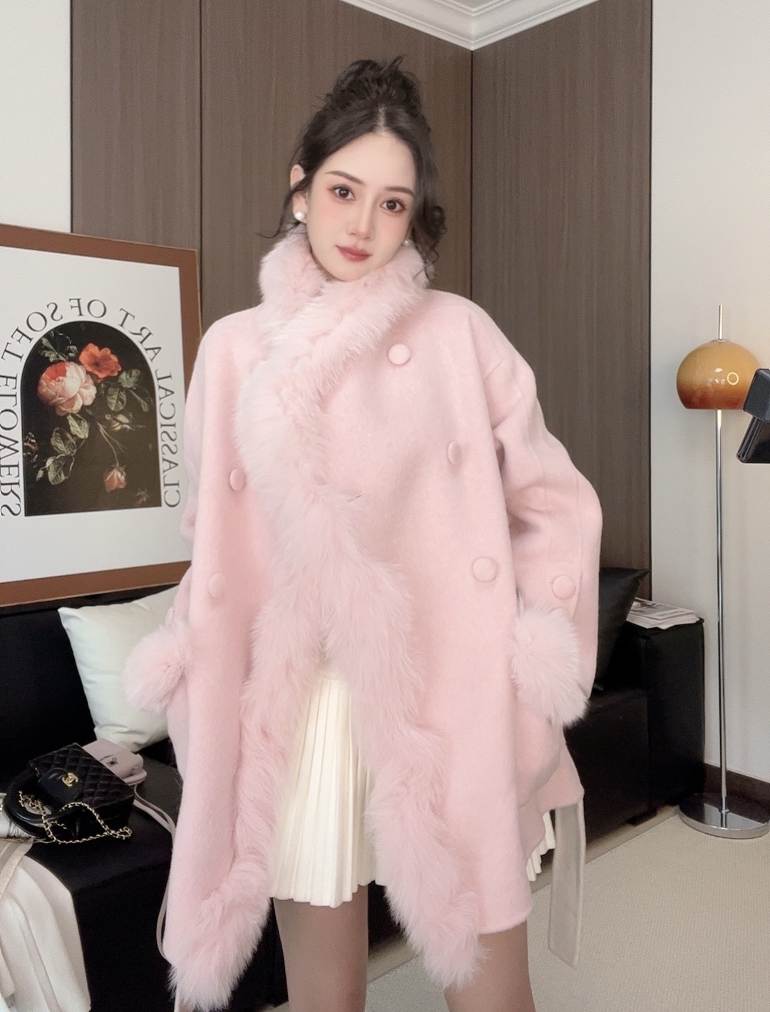 2025秋冬新品千寻同款甜美保暖双面羊毛大衣狐狸毛双面呢外套女SU