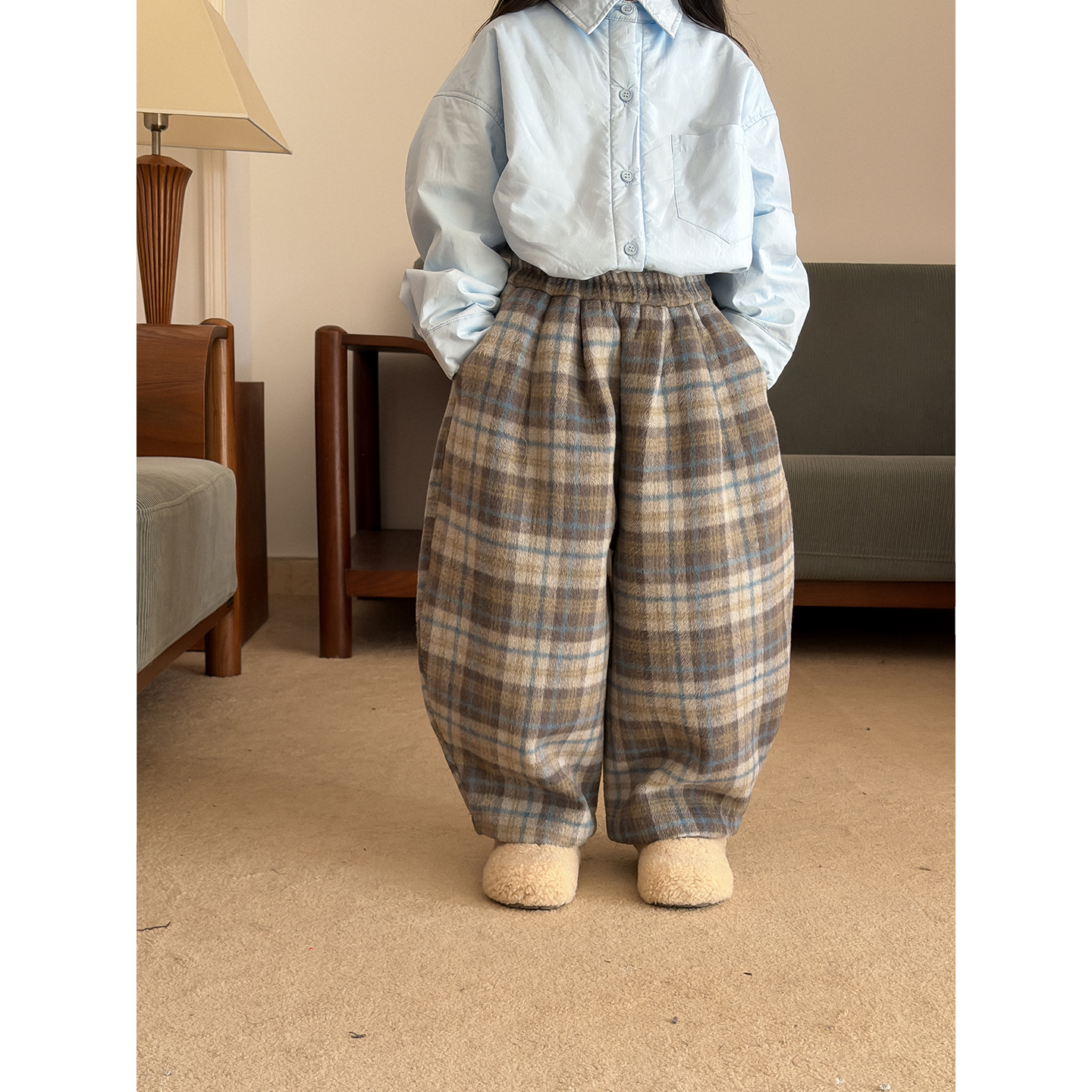 Harper kids 韩版秋冬休闲百搭加厚松紧腰格子裤 H25071131