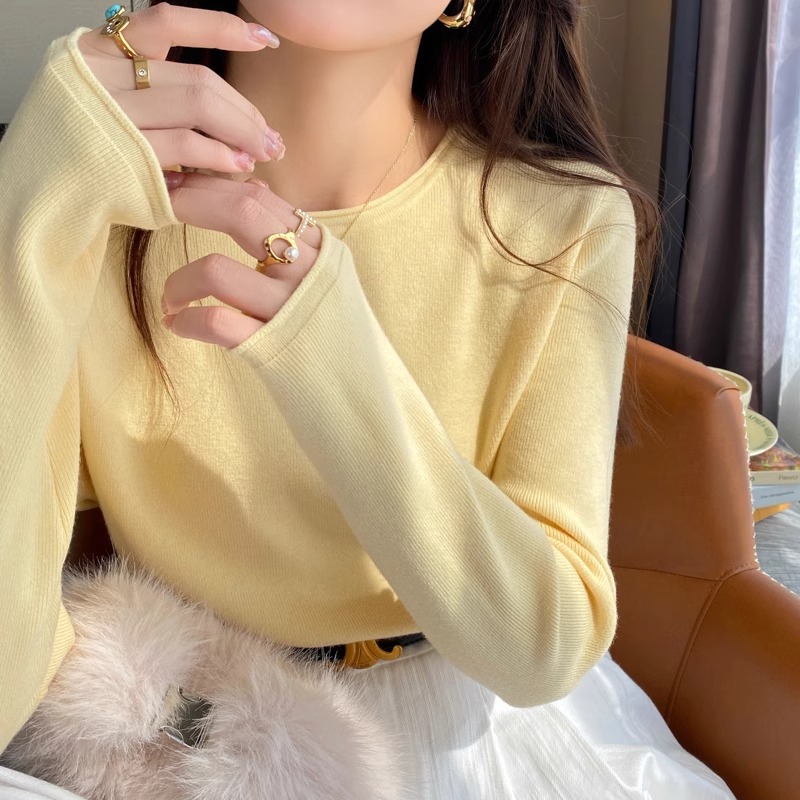 黄色圆领打底衫女内搭2025春季新款宽松薄款毛衣长袖针织上衣外穿