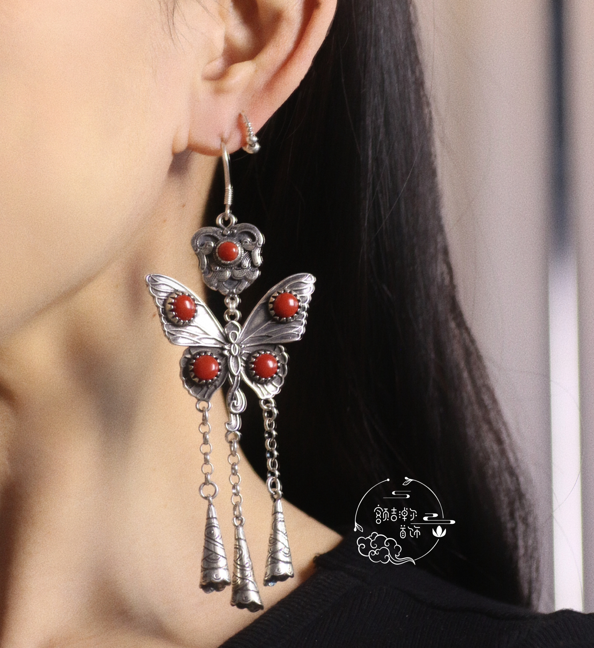 足银耳饰 旭日乌尤蝴蝶纯银长款耳环1760 1450