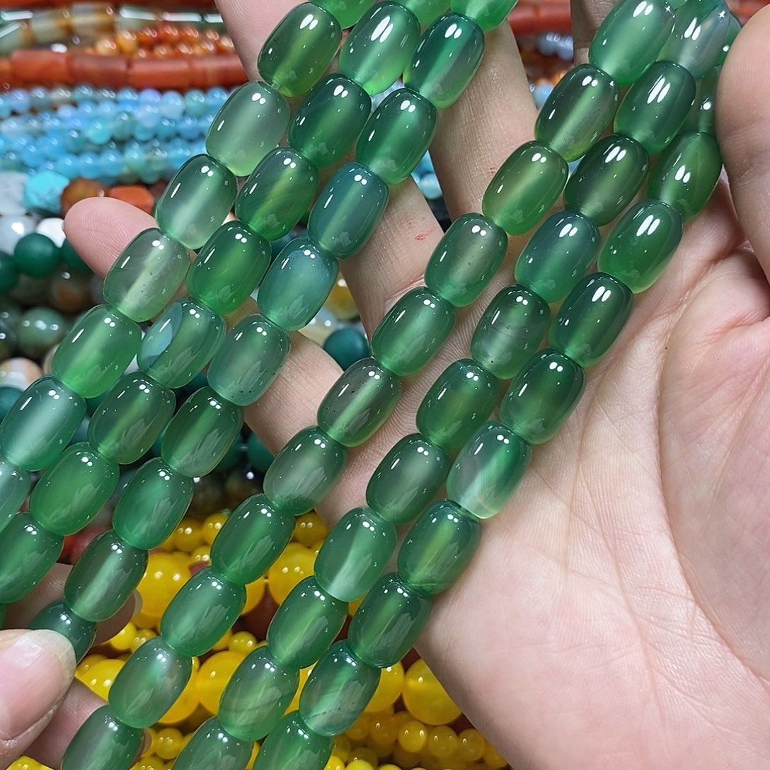 玛瑙/玉髓未镶嵌珠宝半成品苹果绿玛瑙桶珠一条卡10*14mm