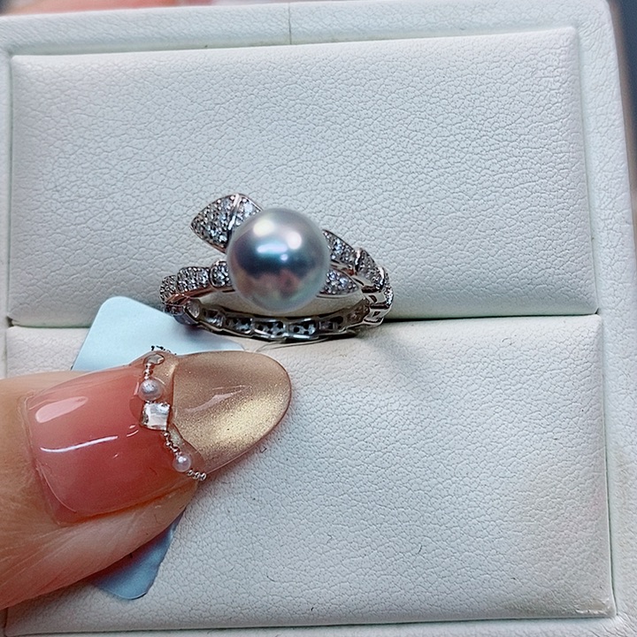 海水珍珠戒指银S925镶嵌真多麻7-8mm