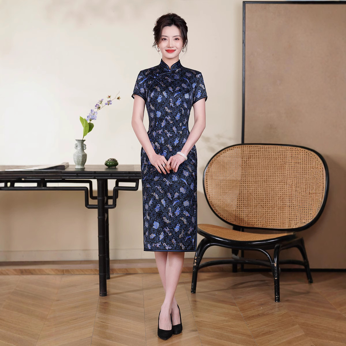 B898真丝旗袍中长款2025夏季新款改良桑蚕丝复古时尚中国风连衣裙