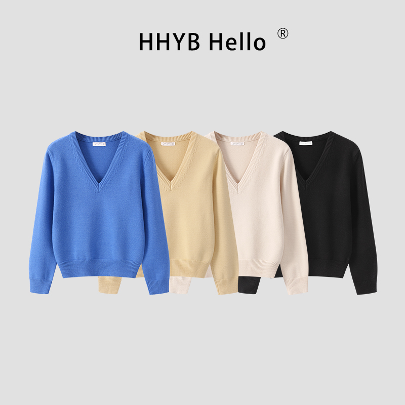 HHYB Hello宽松慵懒风套头V领毛衣女2025新款单穿针织衫上衣M1247