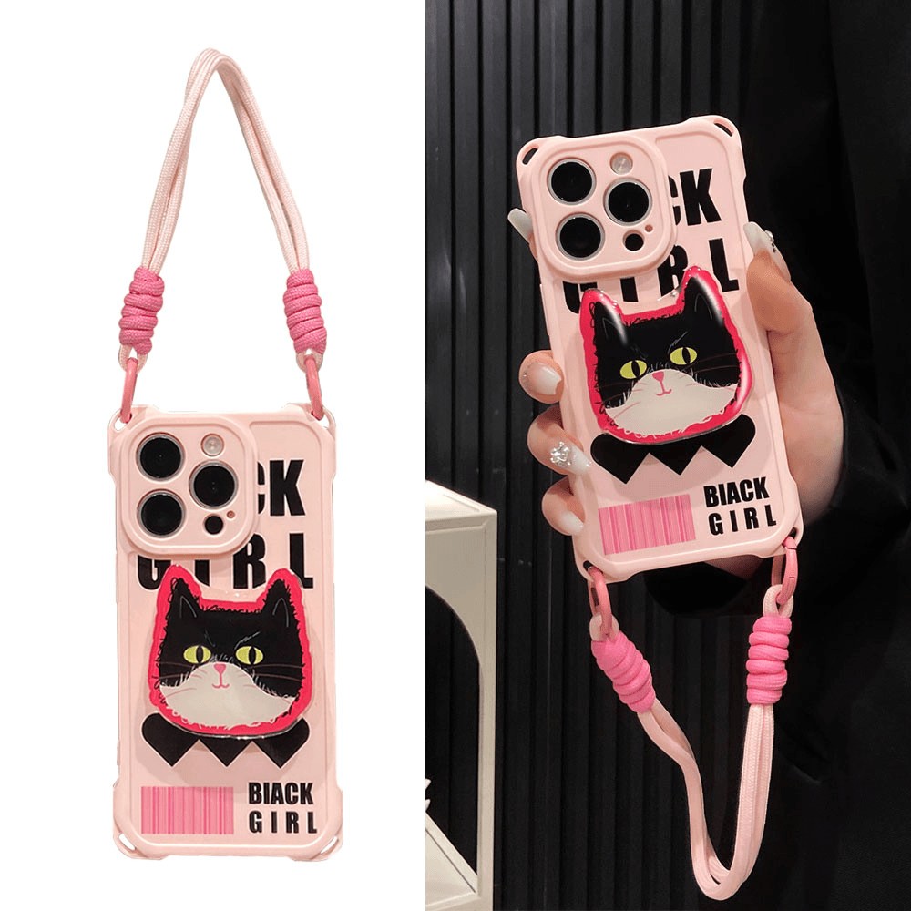 黑色英文猫咪17maxpro适用苹果16手机壳15防摔14/13四角挂绳防丢