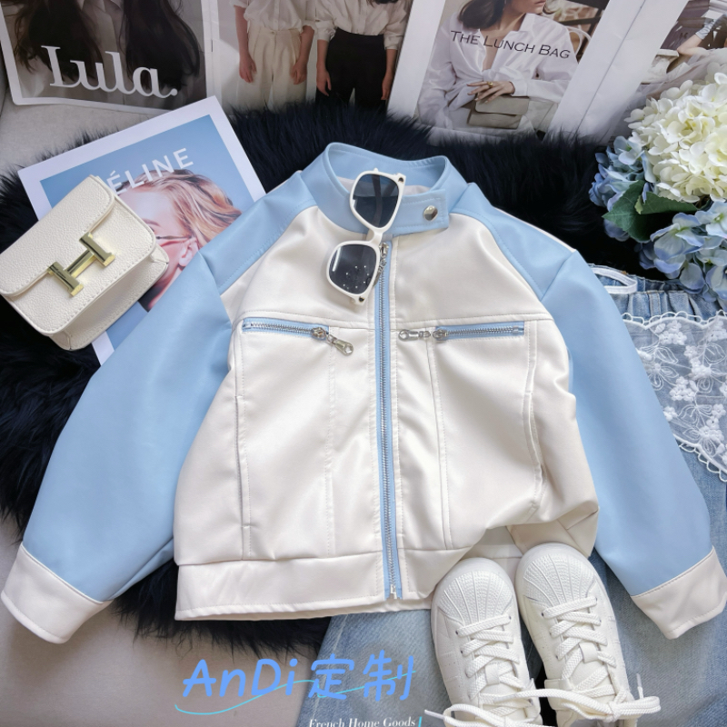 〖ANDI〗订制春季新款中大童女童韩系撞色设计感皮衣外套3566