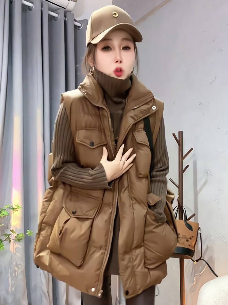 中长款冬季大码宽松棉马甲女立领印染马夹欧美风