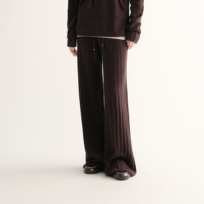 MSLAN羊毛针织裤 可露丽垂坠坑条休闲裤松紧腰抽绳直筒裤MHDK543