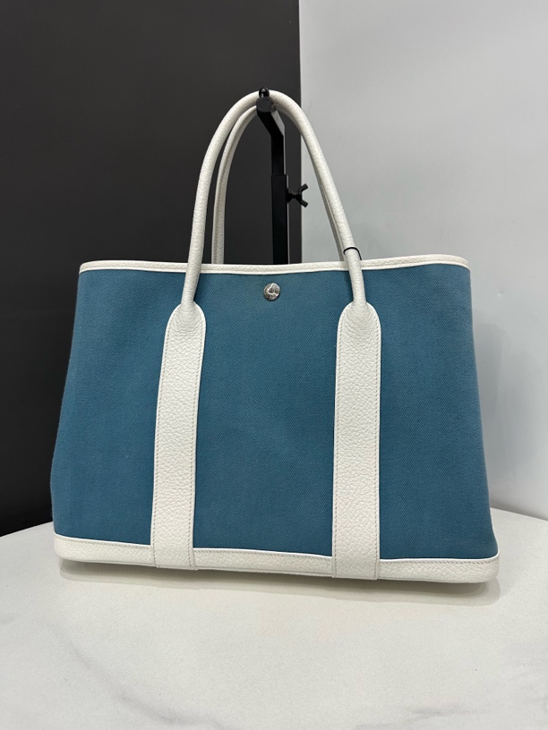 95新 Hermes/爱马仕 帆布拼皮花园包框R刻36cm/0295011704