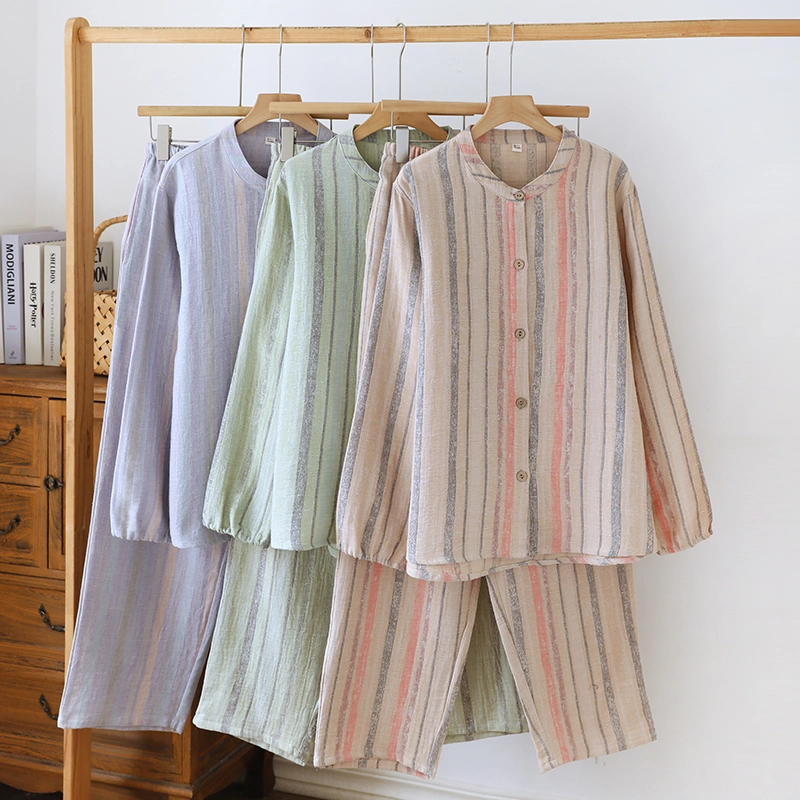 【全棉花楹】女士纯棉睡衣双层棉纱圆领家居服长袖长裤套装秋冬条纹