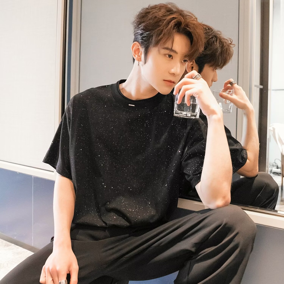 T610短袖t恤男潮牌夏季宽松五分袖网红潮流ins满天星上衣