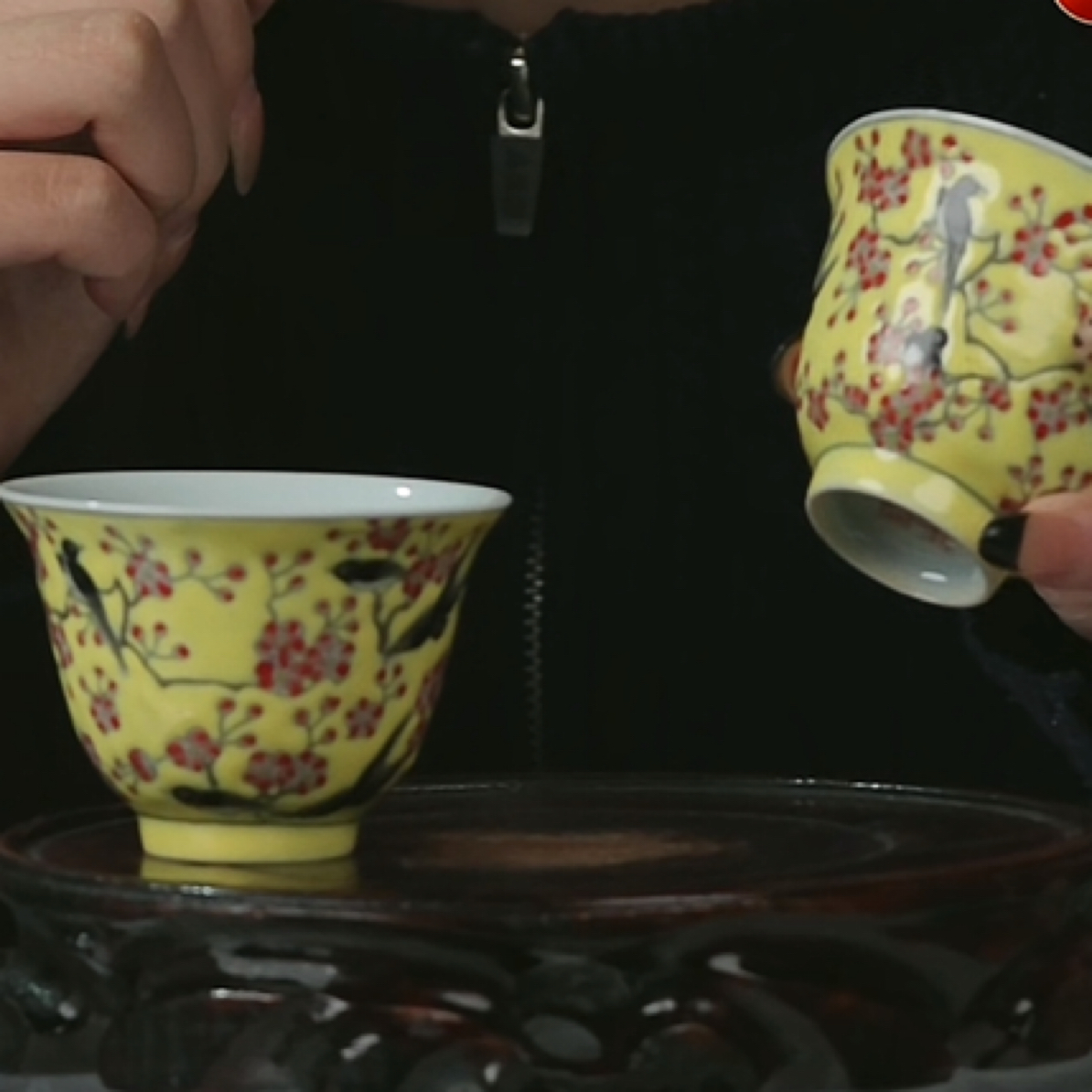 Y黄地粉彩杏林春宴图对杯