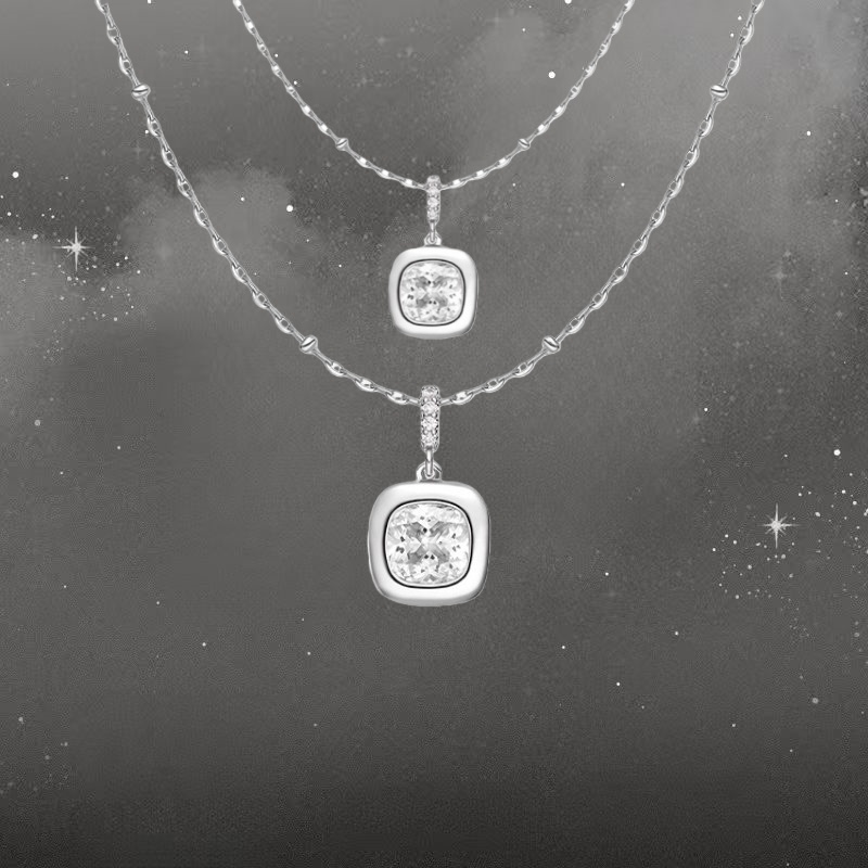 坠链均925银合成锆石 微醺方糖项链镶嵌轻奢时尚设计感送礼女生