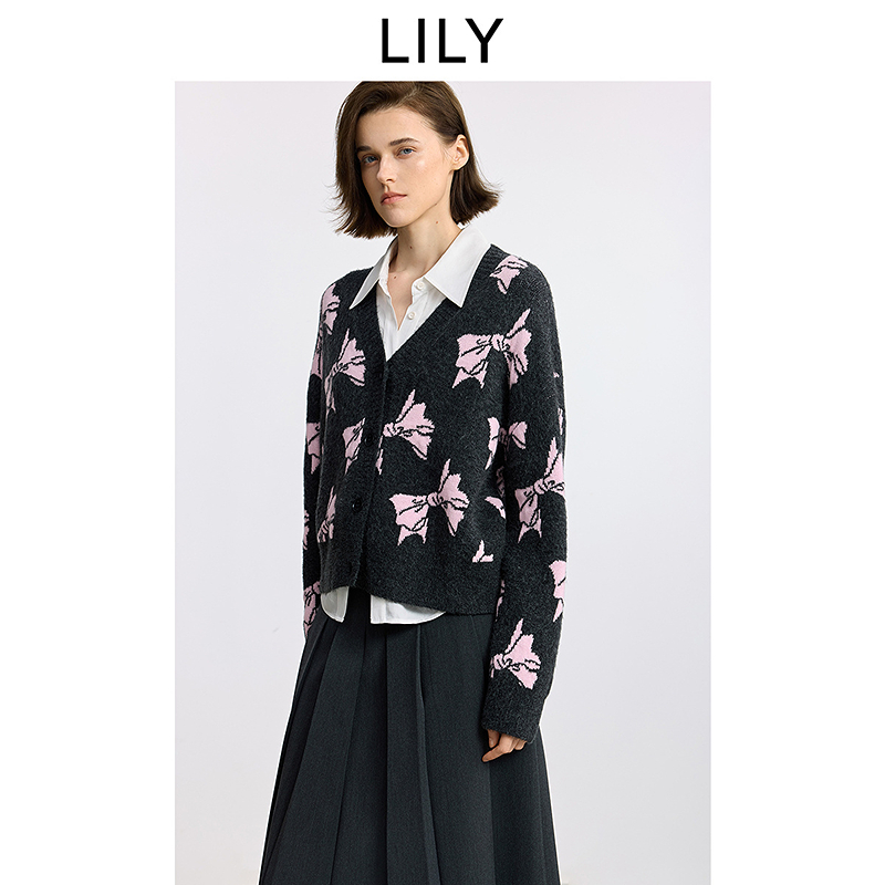 LILY2025冬新款女装含羊毛撞色蝴蝶结V领针织开衫外套125429TC944