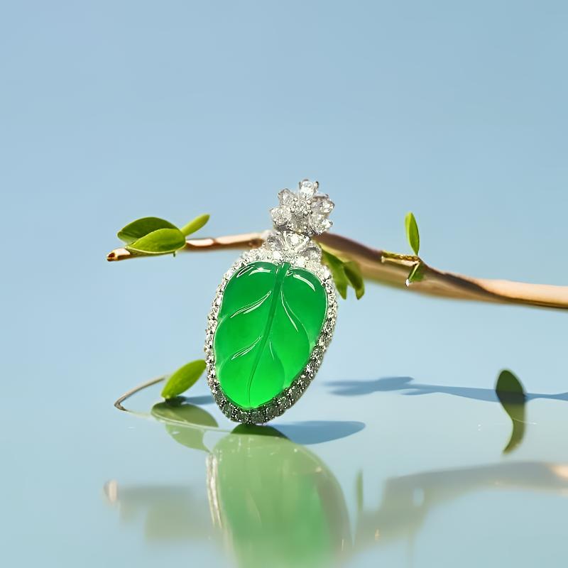 天然A货翡翠18K金镶嵌高冰黄阳绿精致叶子绿色