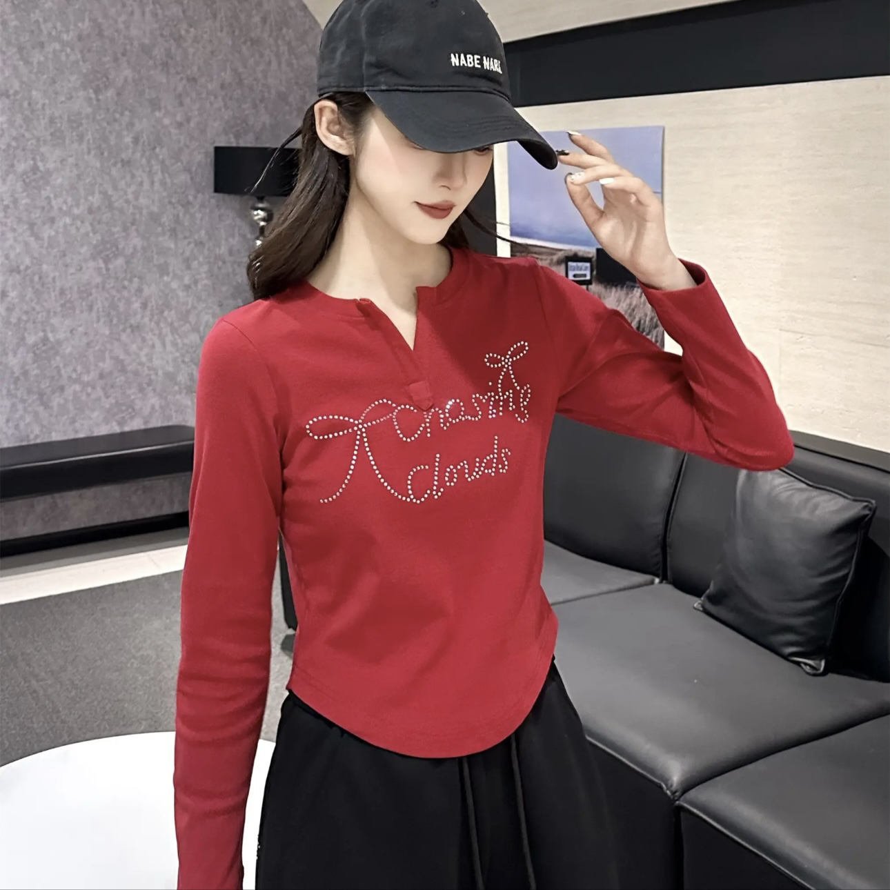 XY新款【053款烫钻长袖】V领修身显瘦长袖打底