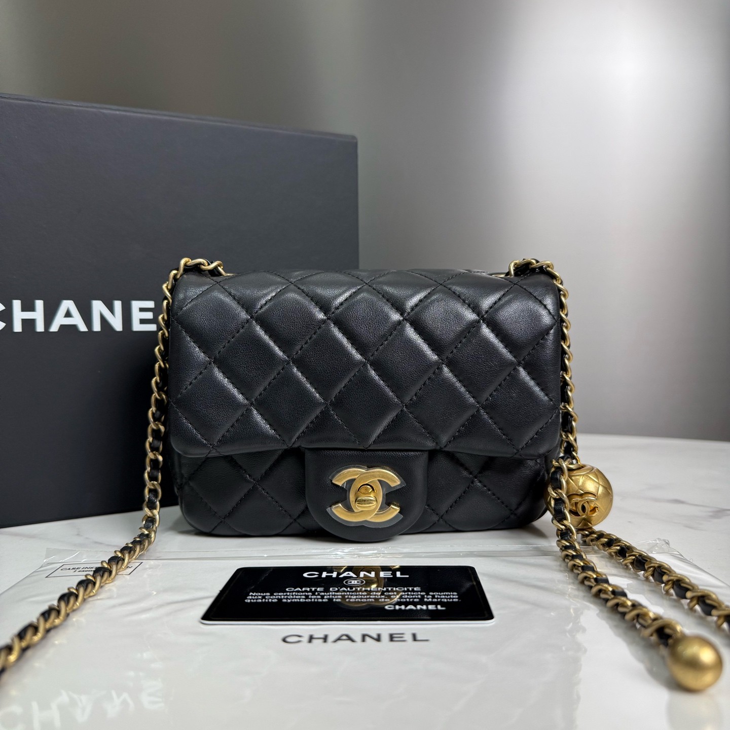 99新 Chanel/香奈儿 迷你CF 方胖子经典菱格金扣皮穿链16310522